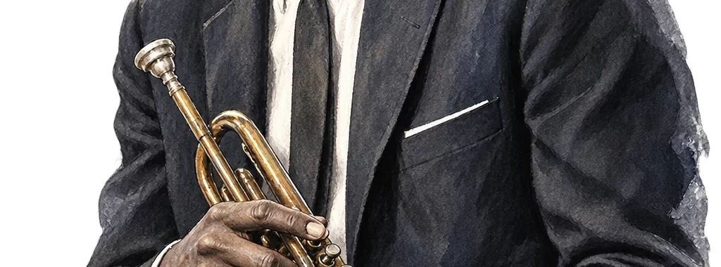 Miles Davis mit Trompete, redaktionelle Zeichnung im Stil der späten fünfziger Jahre.