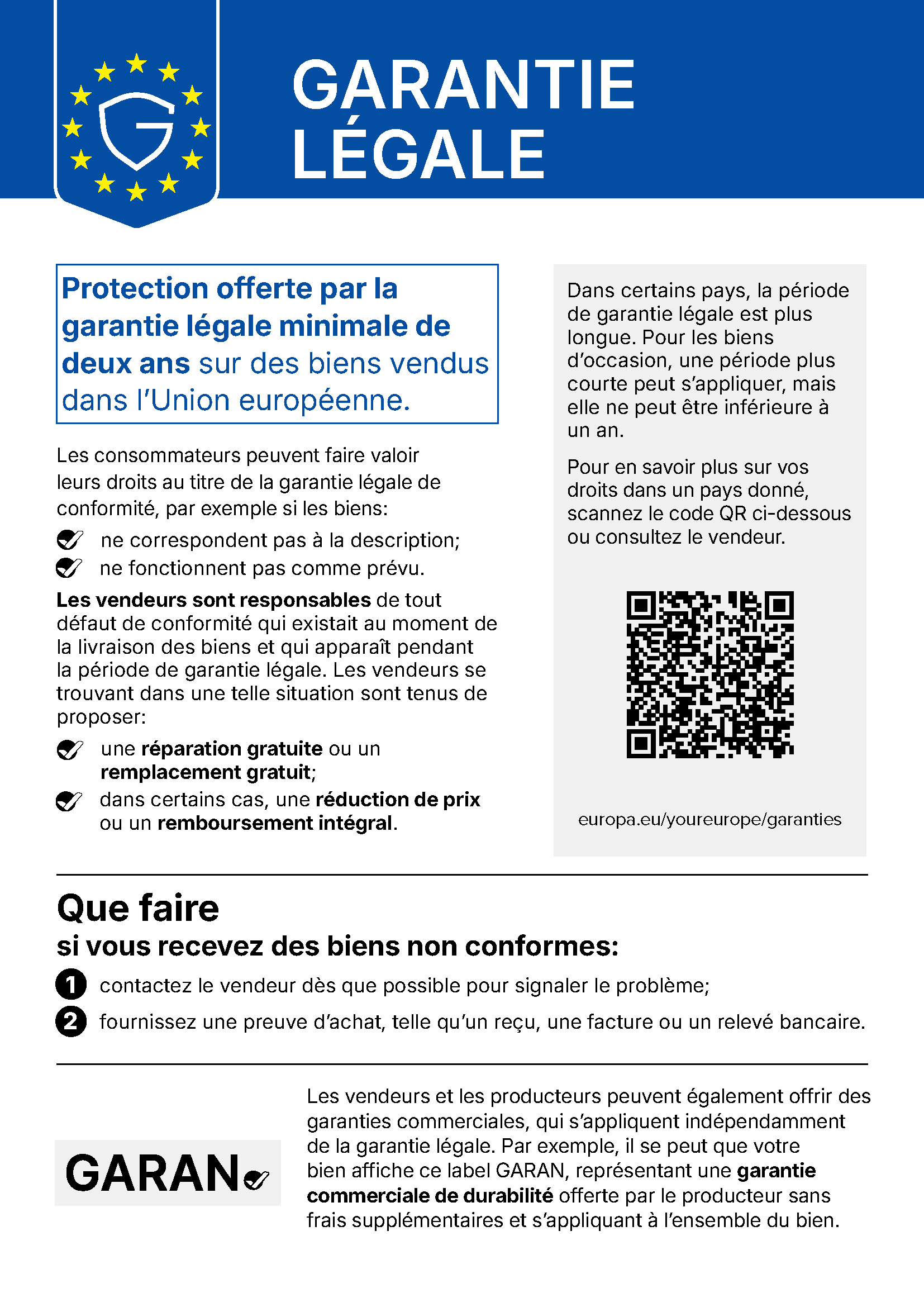 Avis UE : garantie légale – au moins deux ans pour les biens vendus dans l’Union européenne