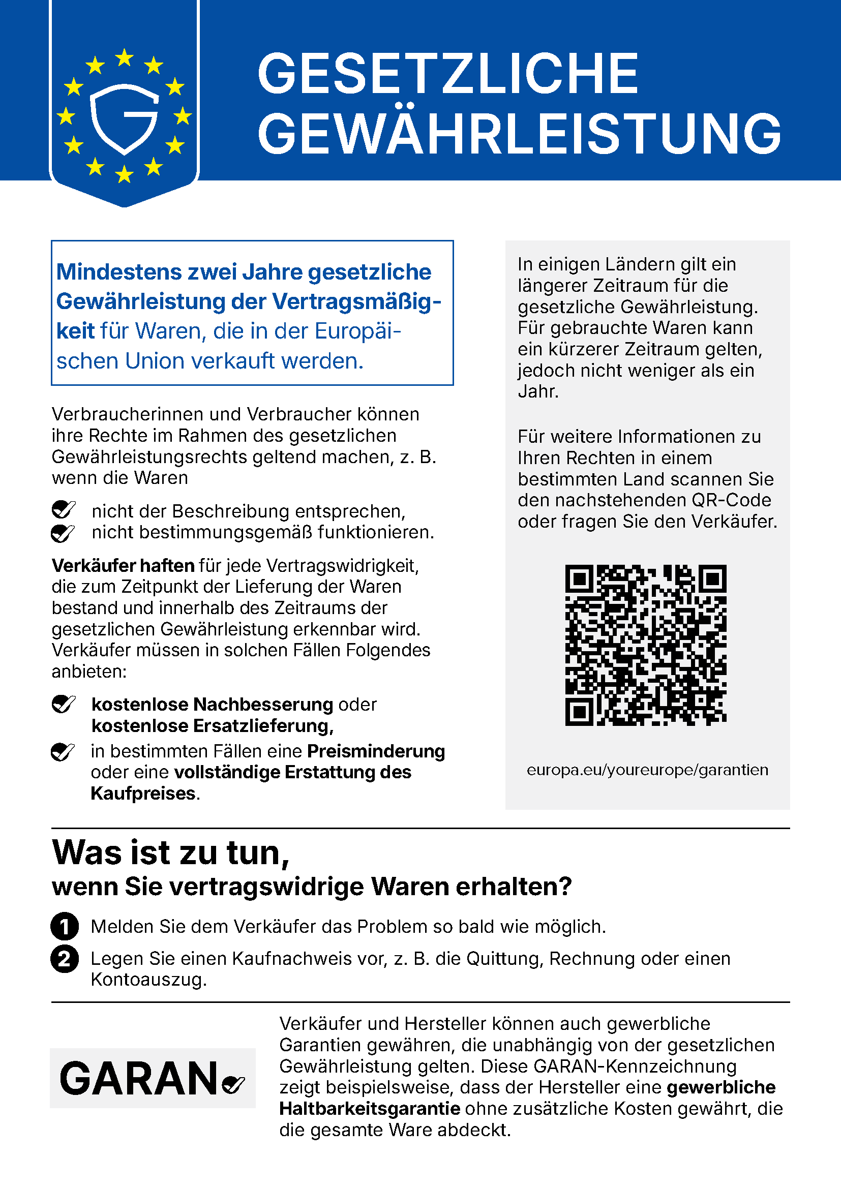 EU-Hinweis: Gesetzliche Gewährleistung – mindestens zwei Jahre für Waren, die in der EU verkauft werden