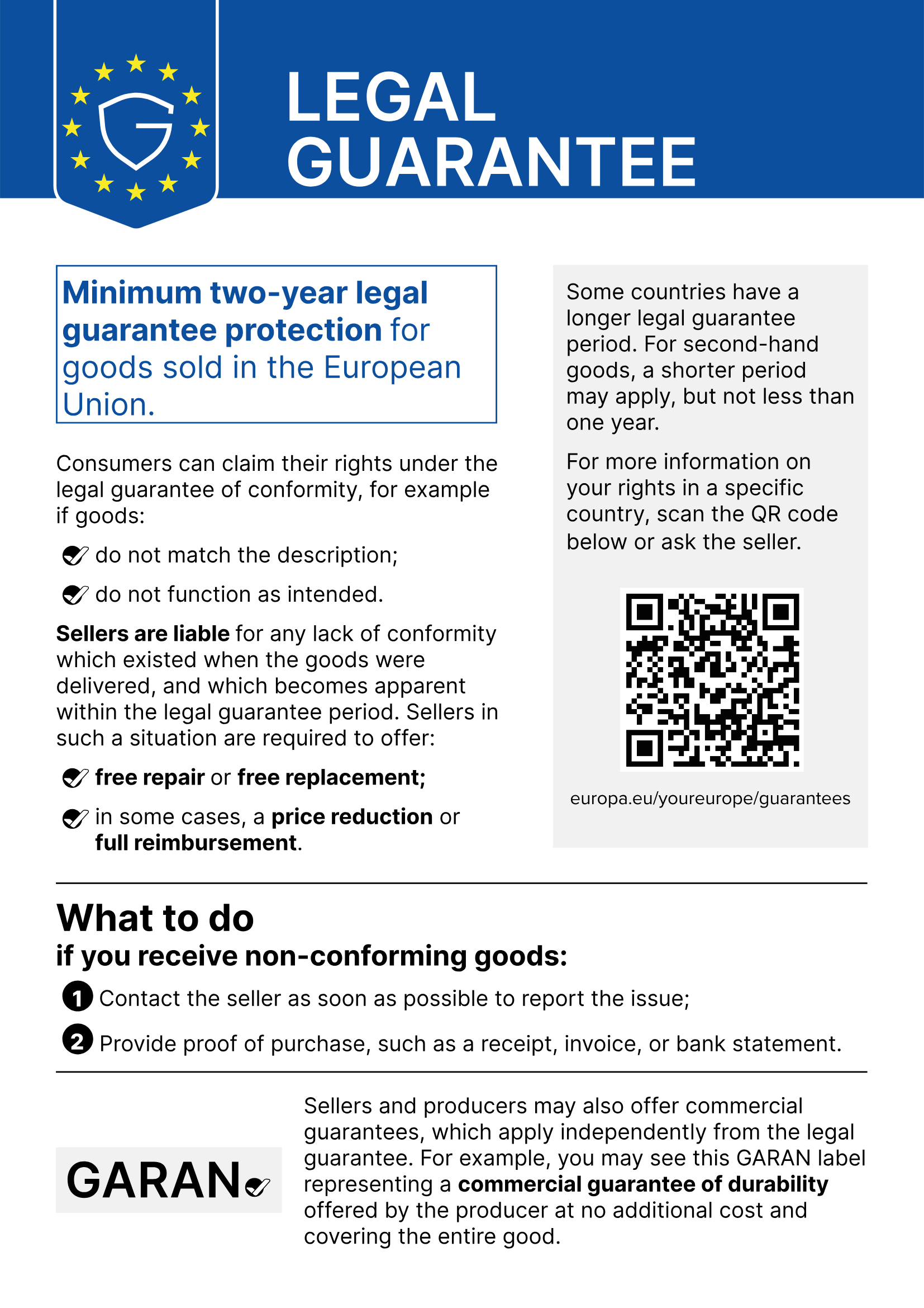 EU notice: legal guarantee – minimum two years for goods sold in the European Union